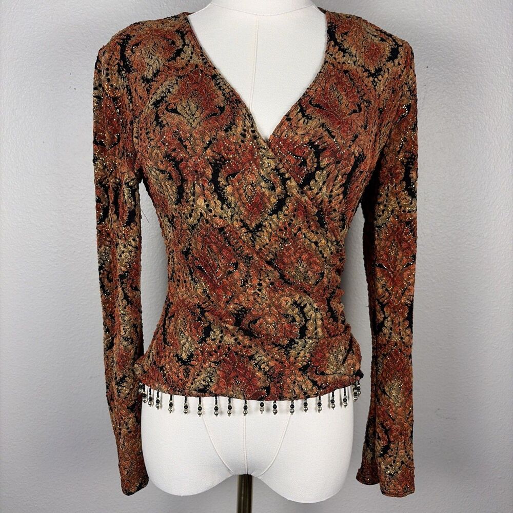 Ronnie Nicole Vintage Lace Wrap Top Petite Small Beads Gypsy Fairy Y2K Metallic